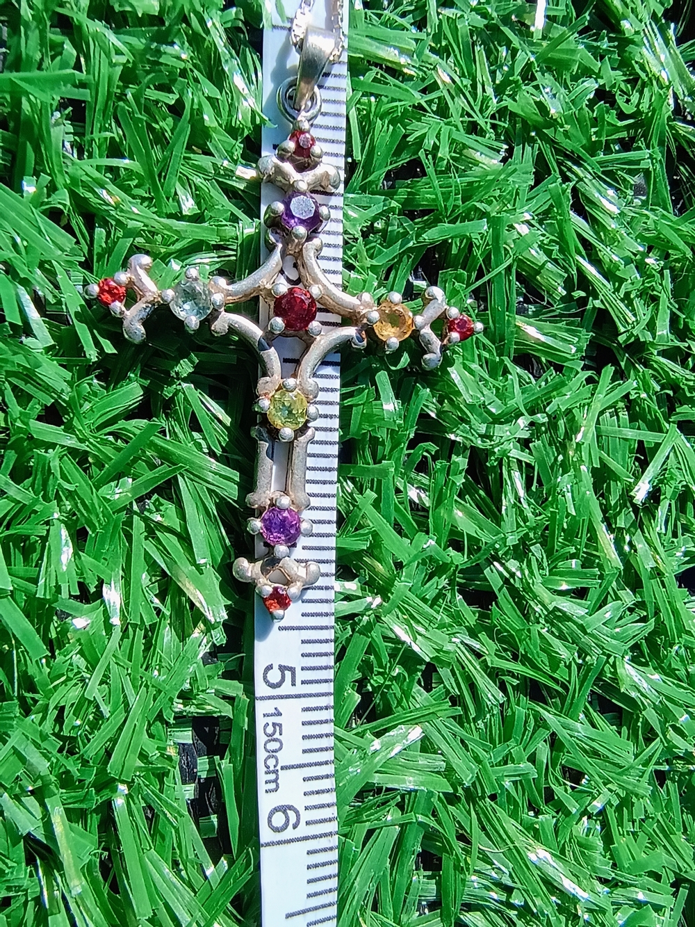 Multicolor Gem With Sterling Silver Cross Pendant Necklace